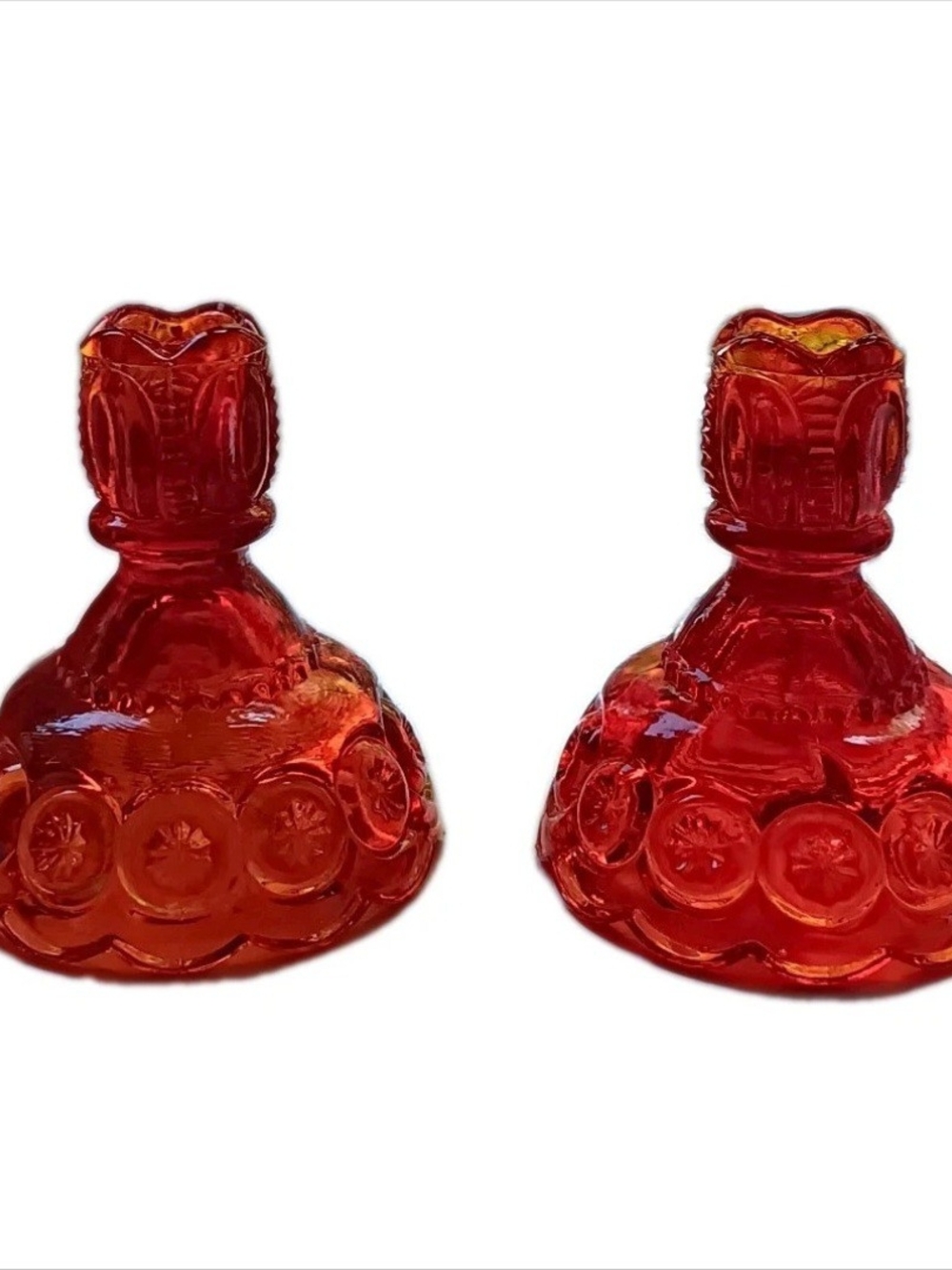 Pair Vtg L.E. Smith Moon and Star Amberina Candle Holders Art Glass Depression